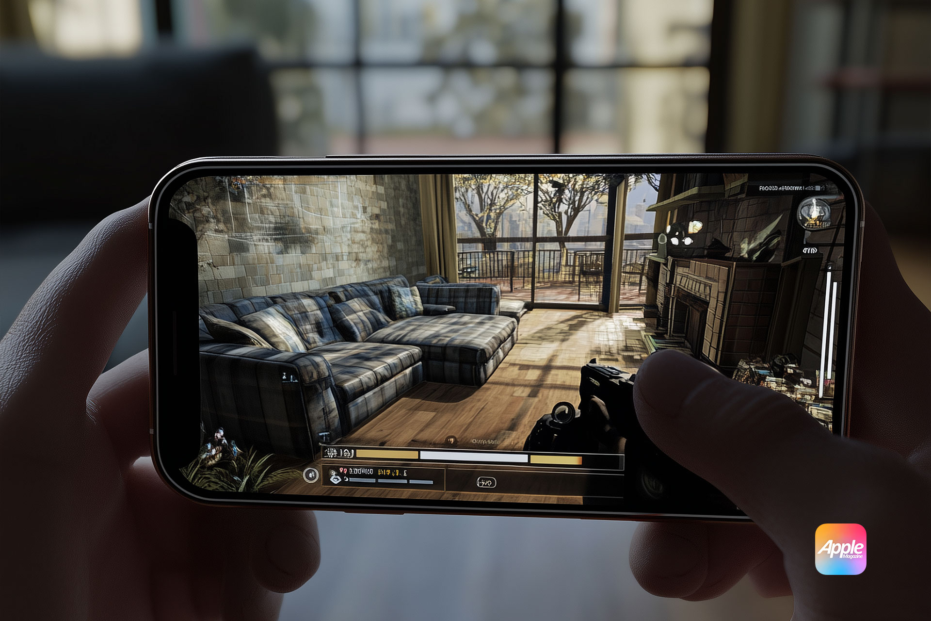 A person holds a smartphone horizontally, displaying a video game that features an in-game view of a living room with a plaid sofa, wooden coffee table, fireplace, and large window. An Apple logo is visible in the bottom right corner of the image, highlighting one of Germany's popular iPhone apps.