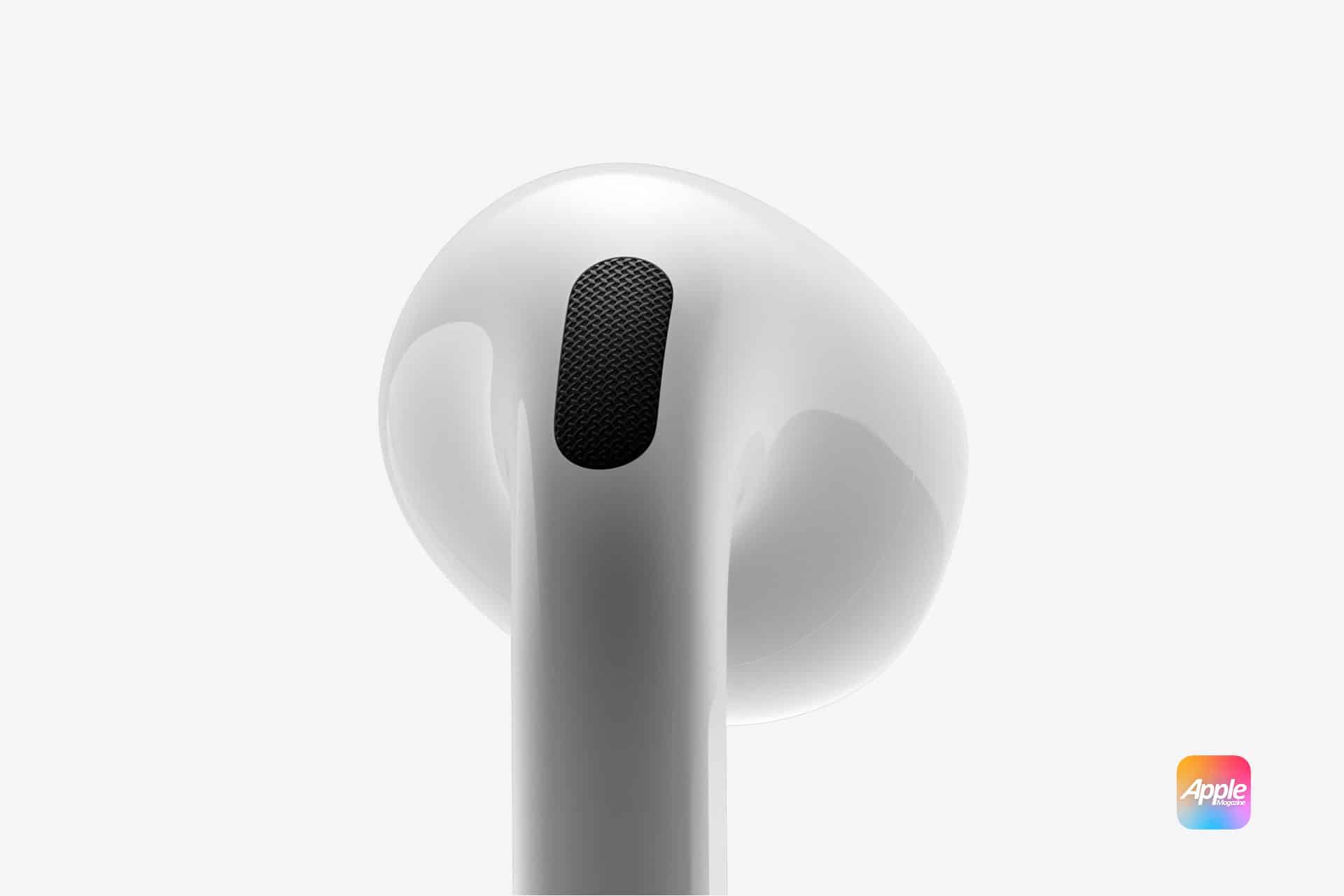 Close-up of a white earbud against a light gray background, focusing on the black speaker grille. The earbud has a smooth, glossy finish. A small, multicolored Apple logo is visible in the lower right corner of the image, drawing attention to the ongoing debate: AirPods 4 vs. AirPods Pro.