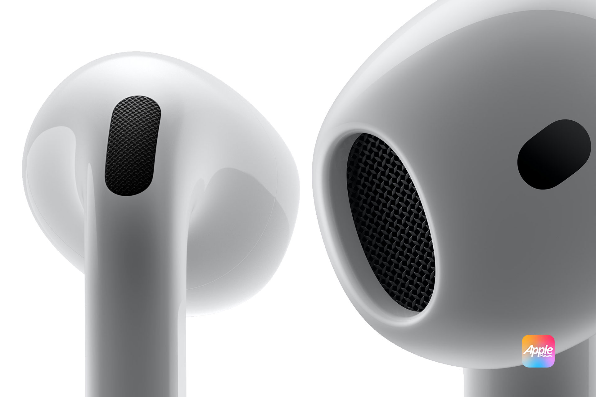 AirPods 4 with ANC on a charging case showing new design and features. AppleMagazine Logo at right.