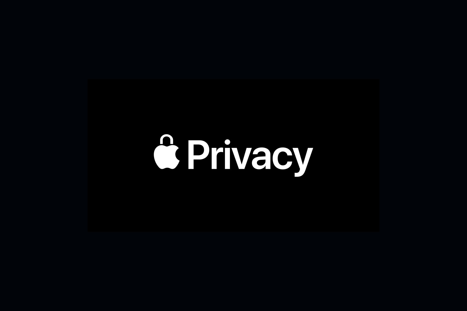 A black background displays the white Apple logo, followed by the word "Privacy" in white text with a padlock icon integrated into the Apple logo's bite mark.