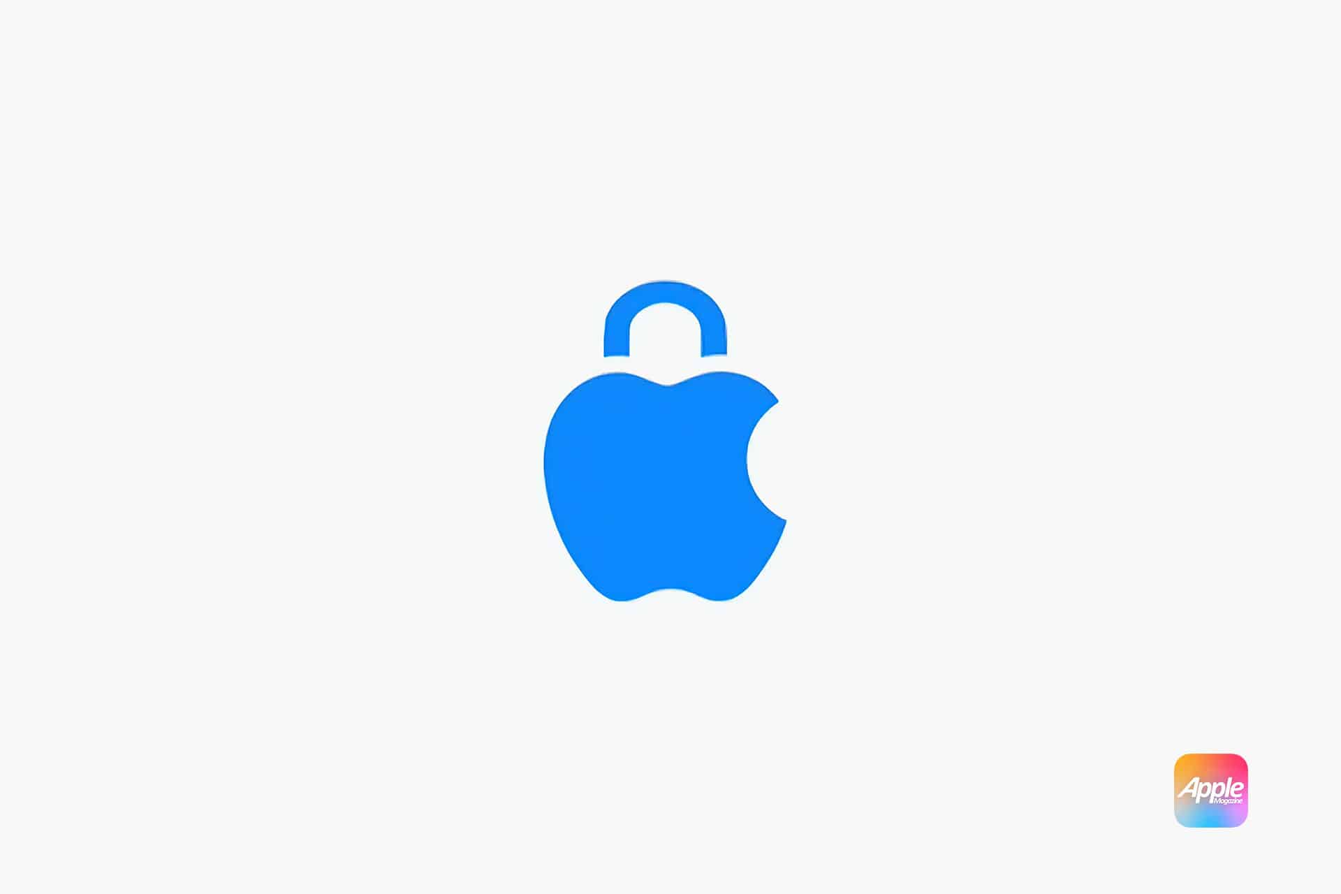 A blue Apple logo shaped like a padlock on a white background, symbolizing security and privacy. In the bottom right corner, a small, colorful Apple logo with the word "Apple" is present.