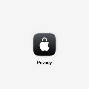 A dark square icon with a white Apple logo and a padlock symbol against a black background. Beneath the icon, the word "Privacy" is written in black text. The image background is light gray. There is a small colorful Apple logo in the lower right corner.