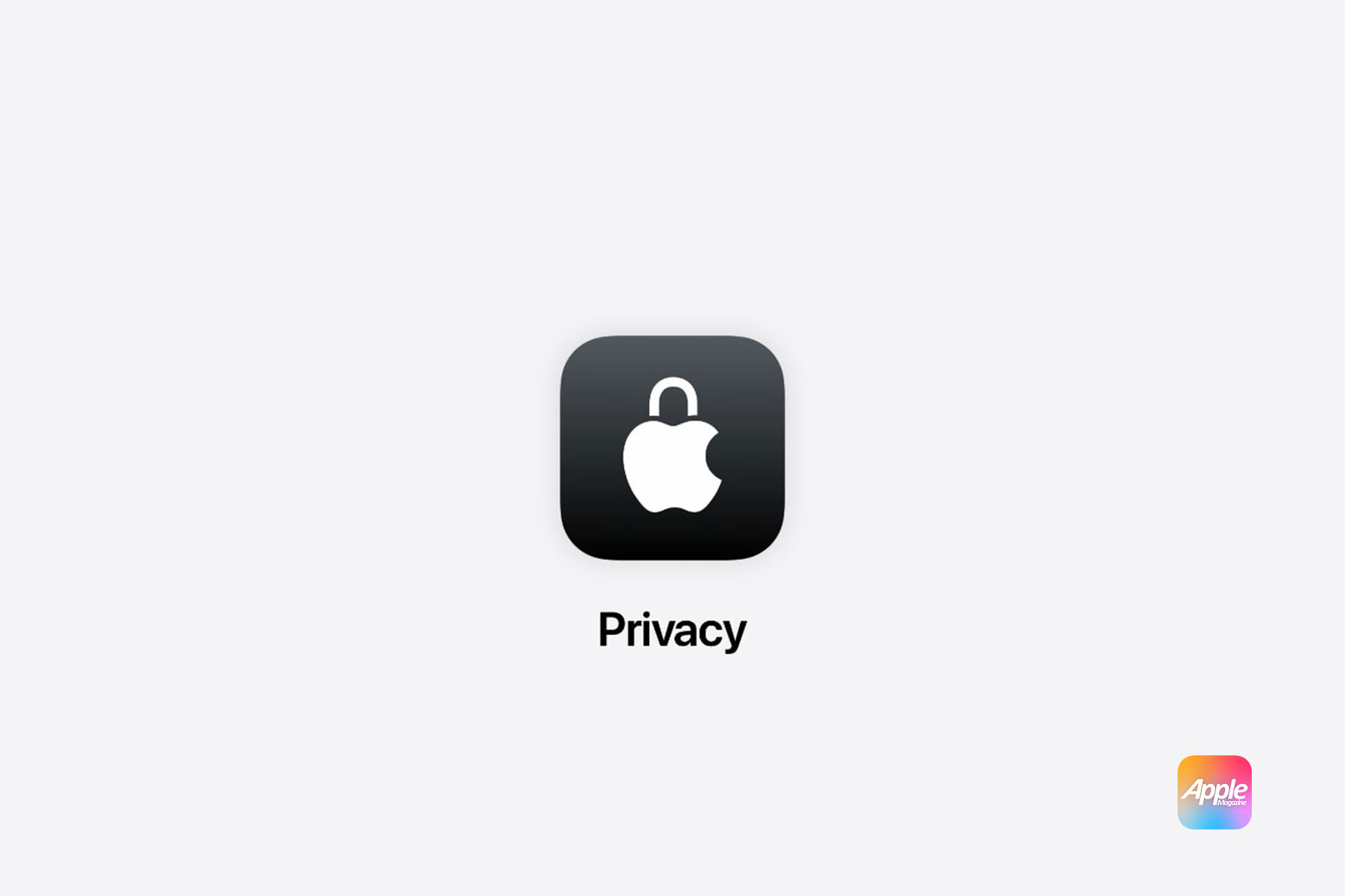 A dark square icon with a white Apple logo and a padlock symbol against a black background. Beneath the icon, the word "Privacy" is written in black text. The image background is light gray. There is a small colorful Apple logo in the lower right corner.