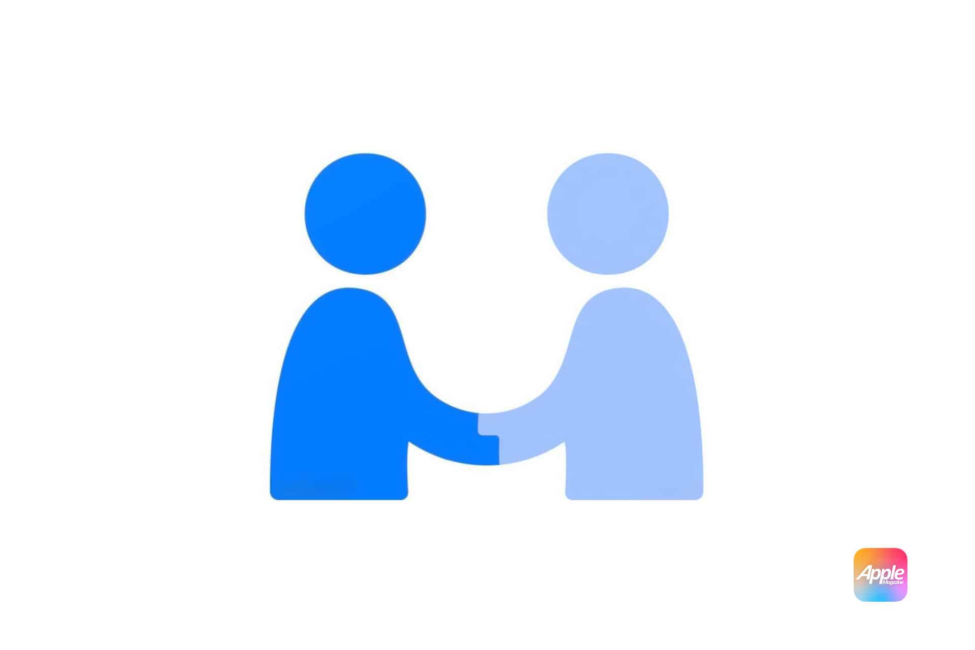 An image depicts two simplistic, stylized human figures facing each other and shaking hands. The figure on the left is a darker blue while the one on the right is a lighter blue. There is a small Apple logo in the bottom right corner.