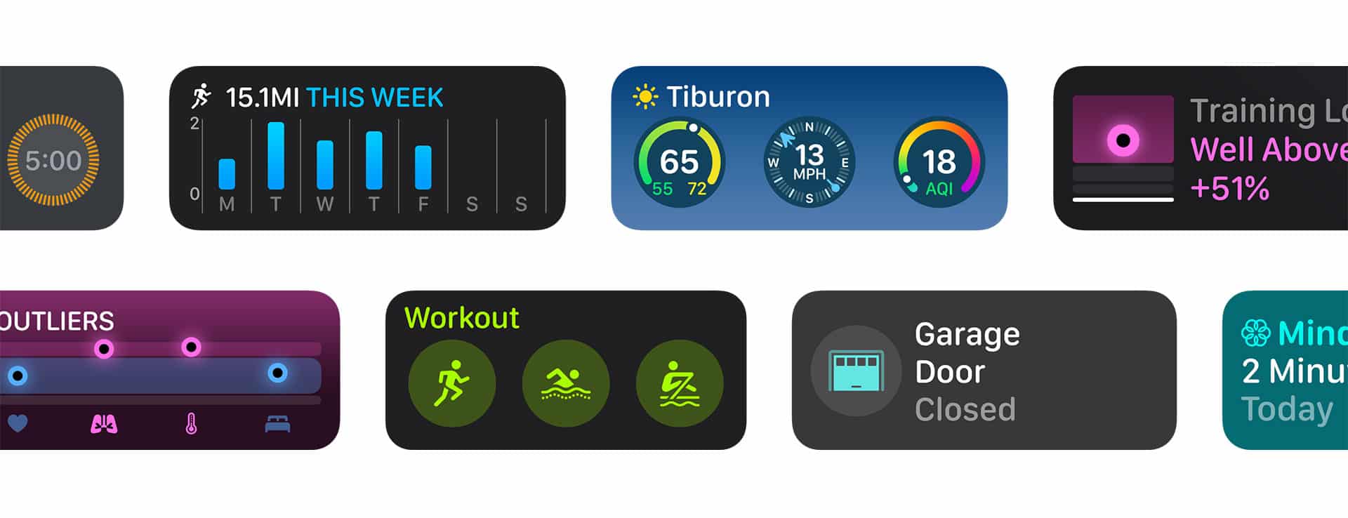 A collage of 8 smartwatch interface screens showing various metrics including time, weekly exercise progress, weather in Tiburon, training load, outliers, workout activities, garage door status, and a 2-minute mindfulness timer.