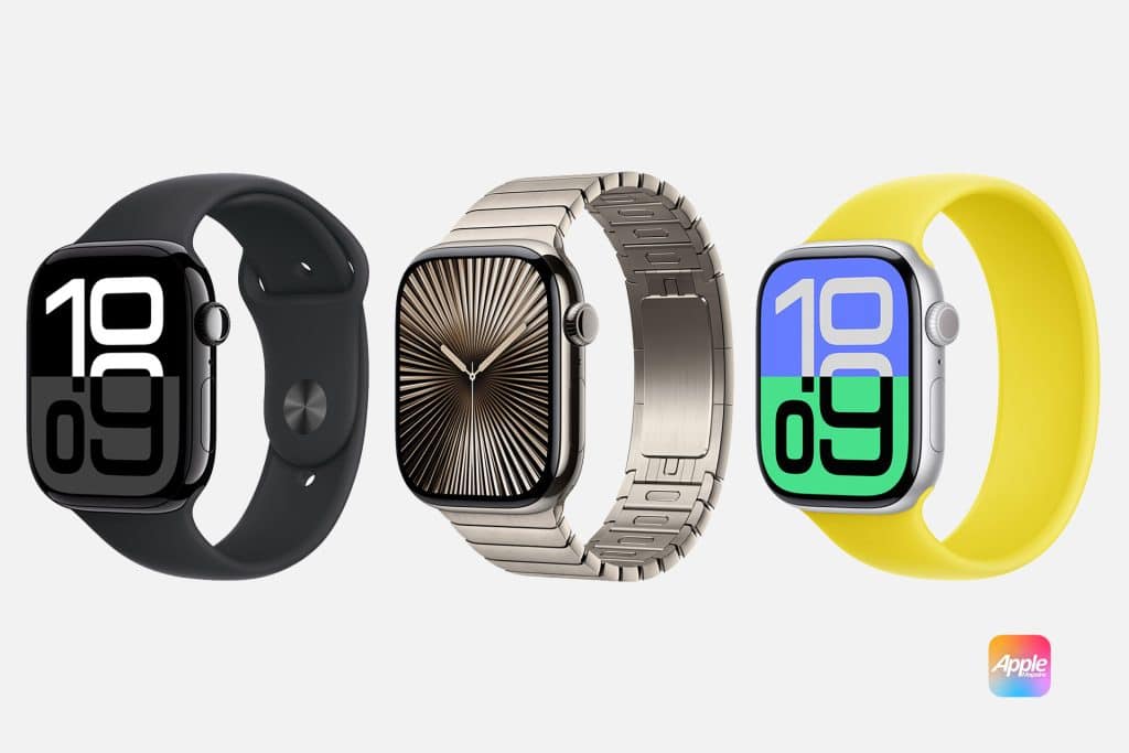 Apple Watch Series 10: Image showing three Apple Watches with varying designs. The first watch has a black band with a minimalist face showing '10:09'. The second has a metallic link bracelet with a radiating starburst face. The third features a vibrant yellow band with a similar '10:09' display. Apple logo is at the bottom right.