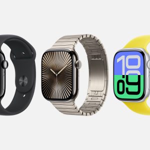 Apple Watch Series 10: Image showing three Apple Watches with varying designs. The first watch has a black band with a minimalist face showing '10:09'. The second has a metallic link bracelet with a radiating starburst face. The third features a vibrant yellow band with a similar '10:09' display. Apple logo is at the bottom right.