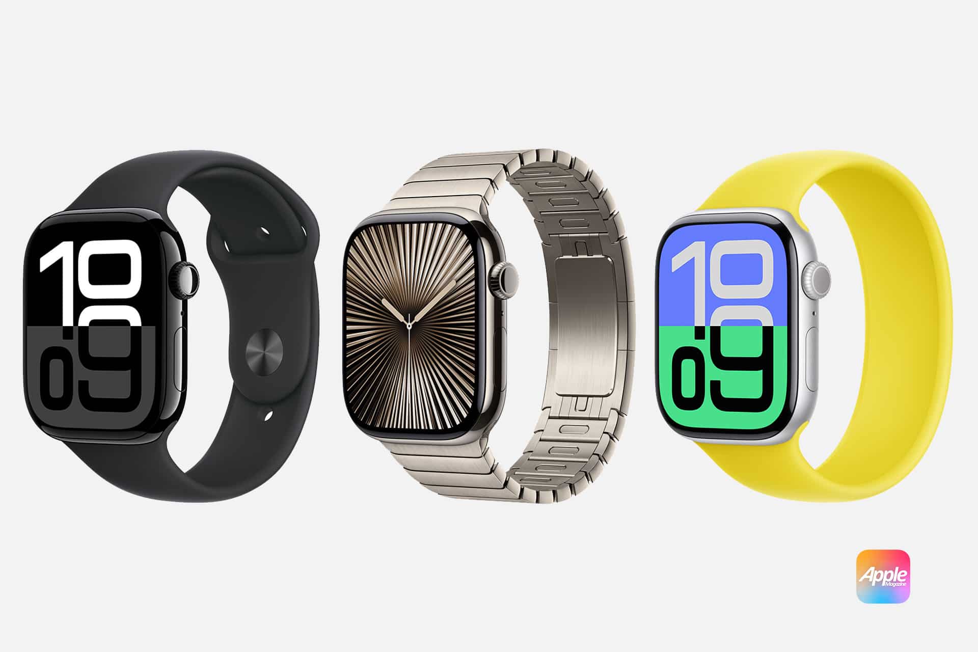 Apple Watch Series 10: Image showing three Apple Watches with varying designs. The first watch has a black band with a minimalist face showing '10:09'. The second has a metallic link bracelet with a radiating starburst face. The third features a vibrant yellow band with a similar '10:09' display. Apple logo is at the bottom right.