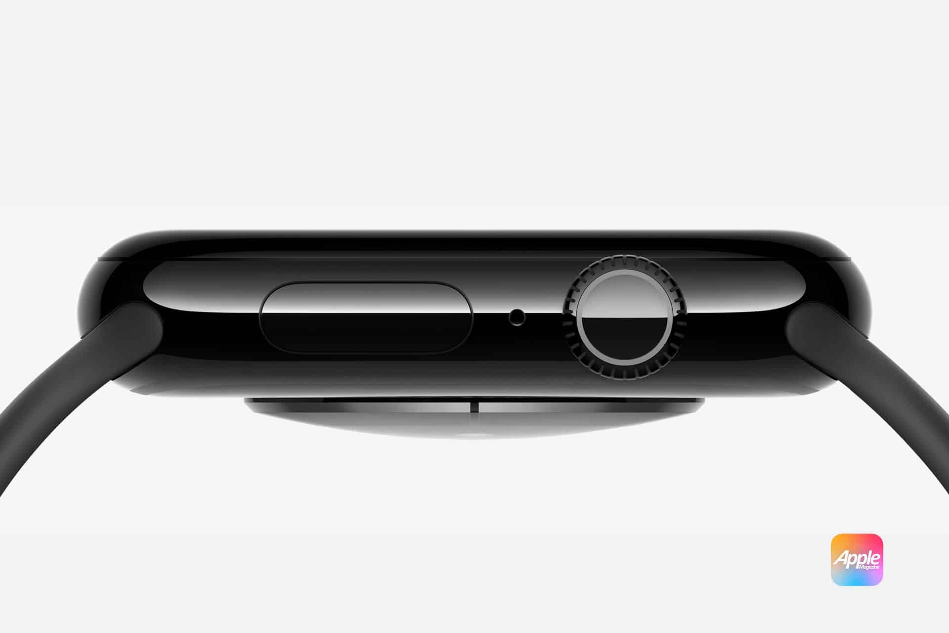 Side view of a black Apple Watch 10. The image highlights the digital crown and side button, focusing on the sleek, glossy finish of the smartwatch. The Apple logo is in the bottom right corner. The watch band is also visible, curving around the edges.