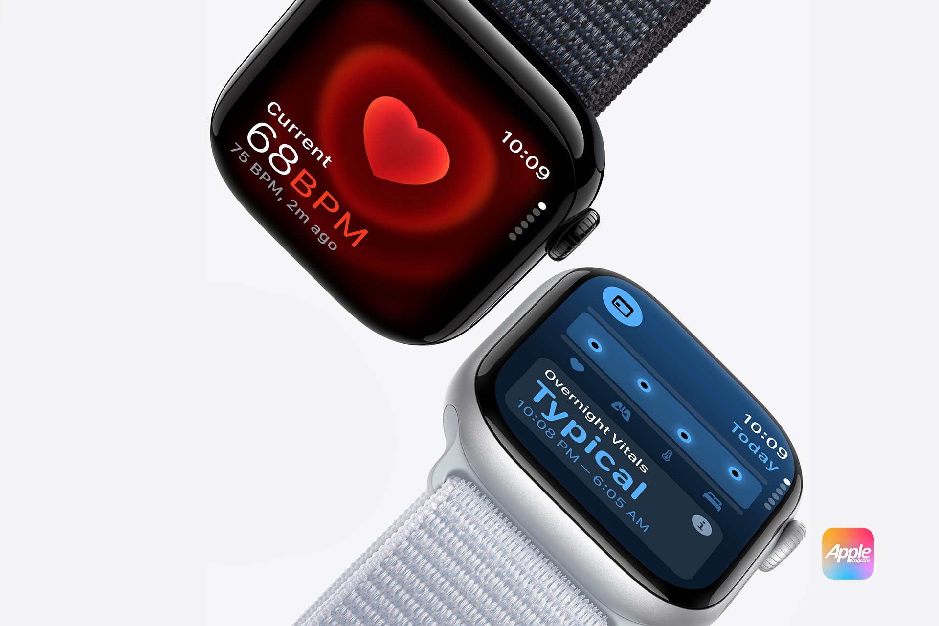 Garmin vs Apple Watch. Apple Watch Series 10: A promotional image showcasing two Apple Watches. The left watch displays a heart rate app with a heart icon and a reading of 68 BPM. The right watch shows sleep tracking data with the word "Typical" highlighted. Both watches feature dark and light bands respectively.