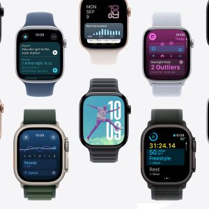 Apple Watch Series 10: Image featuring multiple Apple Watches displaying various applications and watch faces. Some show notifications, workout summaries, weather updates, and health activity rings. Each watch has different band styles and colors. Apple logo in bottom corner.