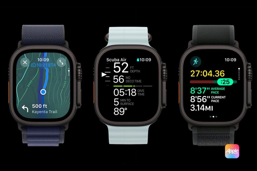 Three smartwatches are displayed, each featuring different apps and colorful woven bands. The left watch shows a map, the center displays scuba diving metrics, and the right illustrates workout stats. The Apple Watch Ultra 2 in Black Titanium stands out among them. An Apple logo is in the bottom right corner.