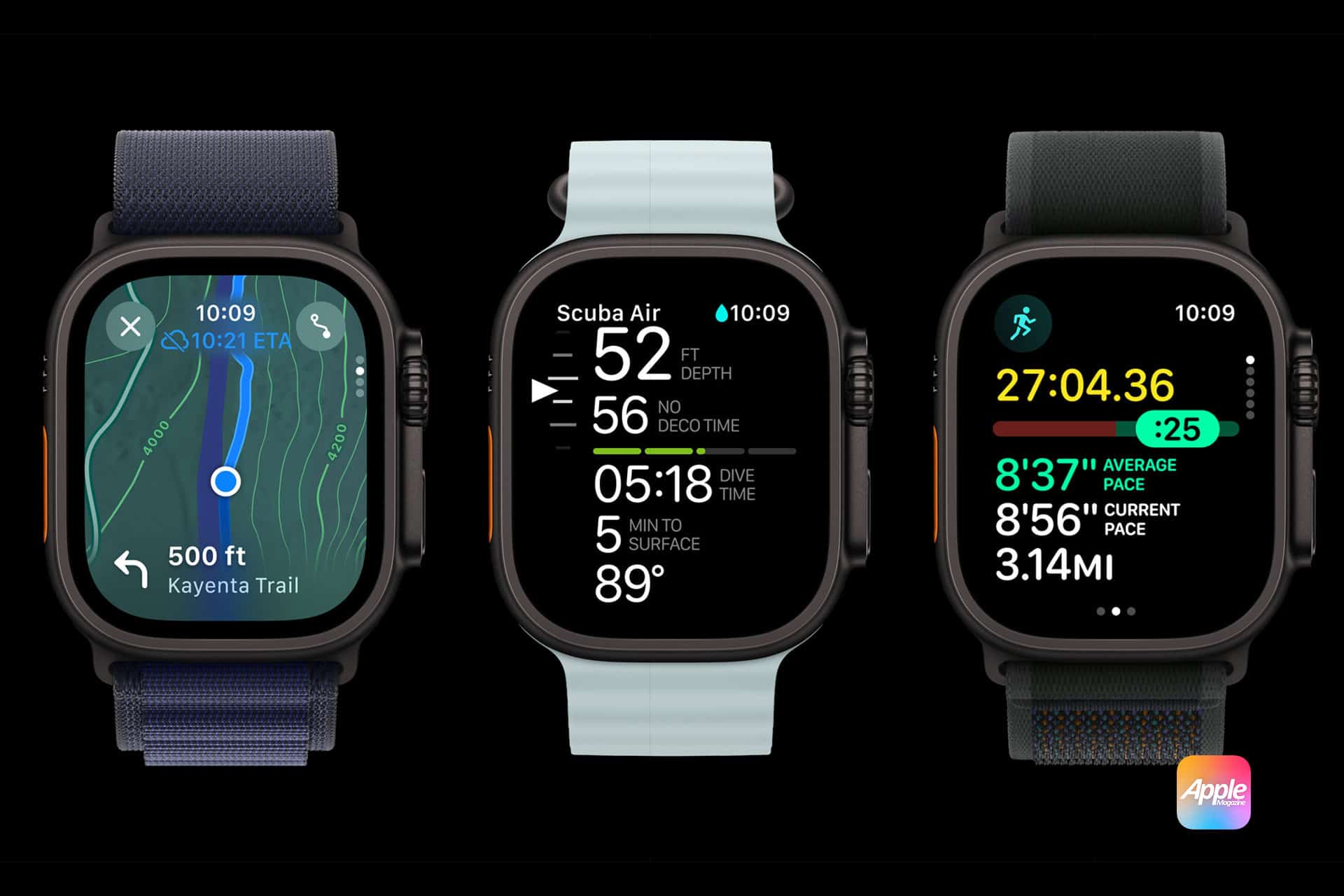 Three smartwatches are displayed, each featuring different apps and colorful woven bands. The left watch shows a map, the center displays scuba diving metrics, and the right illustrates workout stats. The Apple Watch Ultra 2 in Black Titanium stands out among them. An Apple logo is in the bottom right corner.