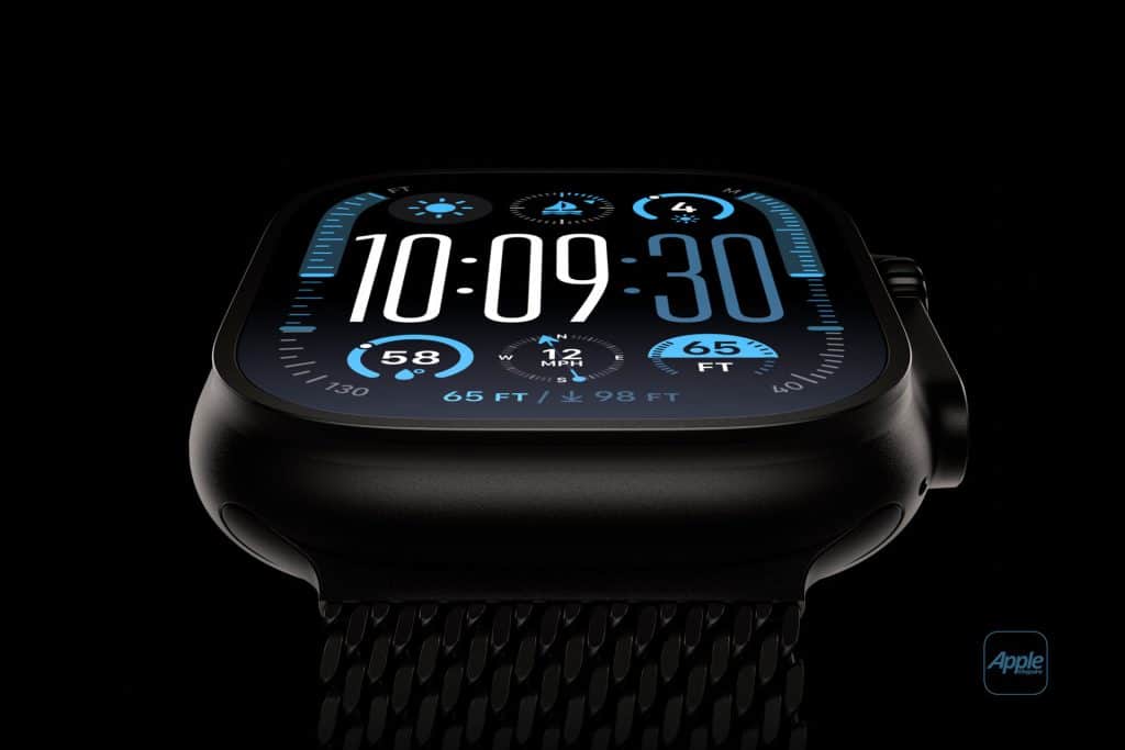 Apple Watch Ultra 2 Black Titanium: A black Apple smartwatch displaying the time as 10:09:30. The screen also shows various metrics, including altitude, temperature, and compass information. The smartwatch has a dark, textured band and is set against a black background with an Apple logo.