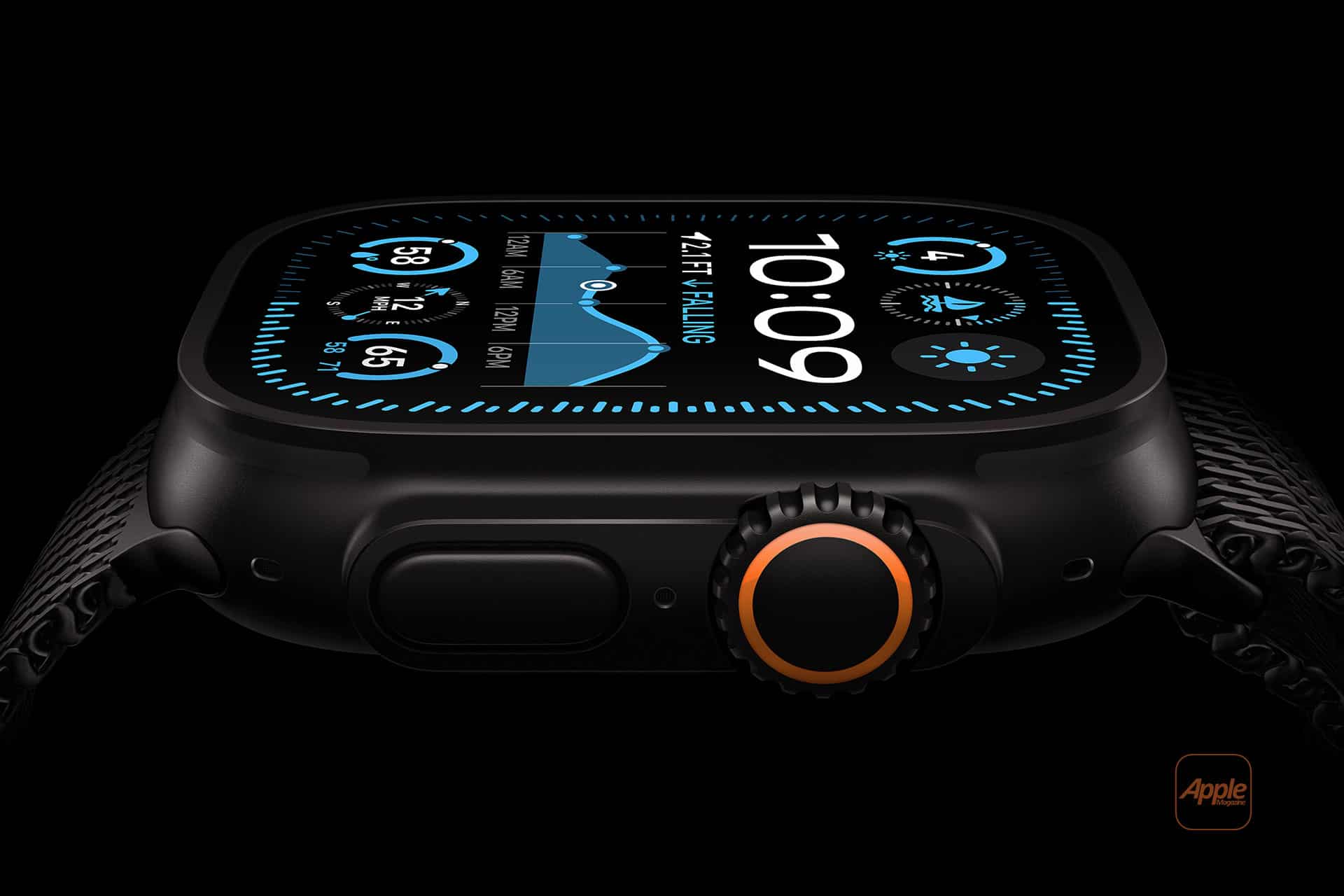 Apple Watch Ultra 2 Black Titanium: A close-up view of a black Apple Watch with a braided band. The watch face displays the time, date, weather, activity rings, and elevation data. The side button and digital crown with an orange ring are visible. The Apple logo is in the bottom right corner.