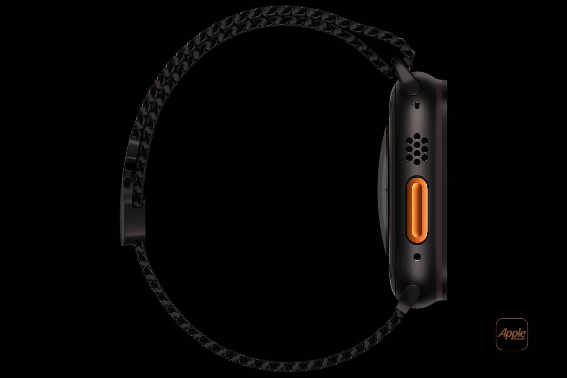 Apple Watch Ultra 2 Black Titanium: Side view of a black smartwatch featuring a woven black band and an orange button. The watch has a sleek, modern design with multiple small holes on the side, likely for speakers or sensors. The Apple logo is subtly visible.