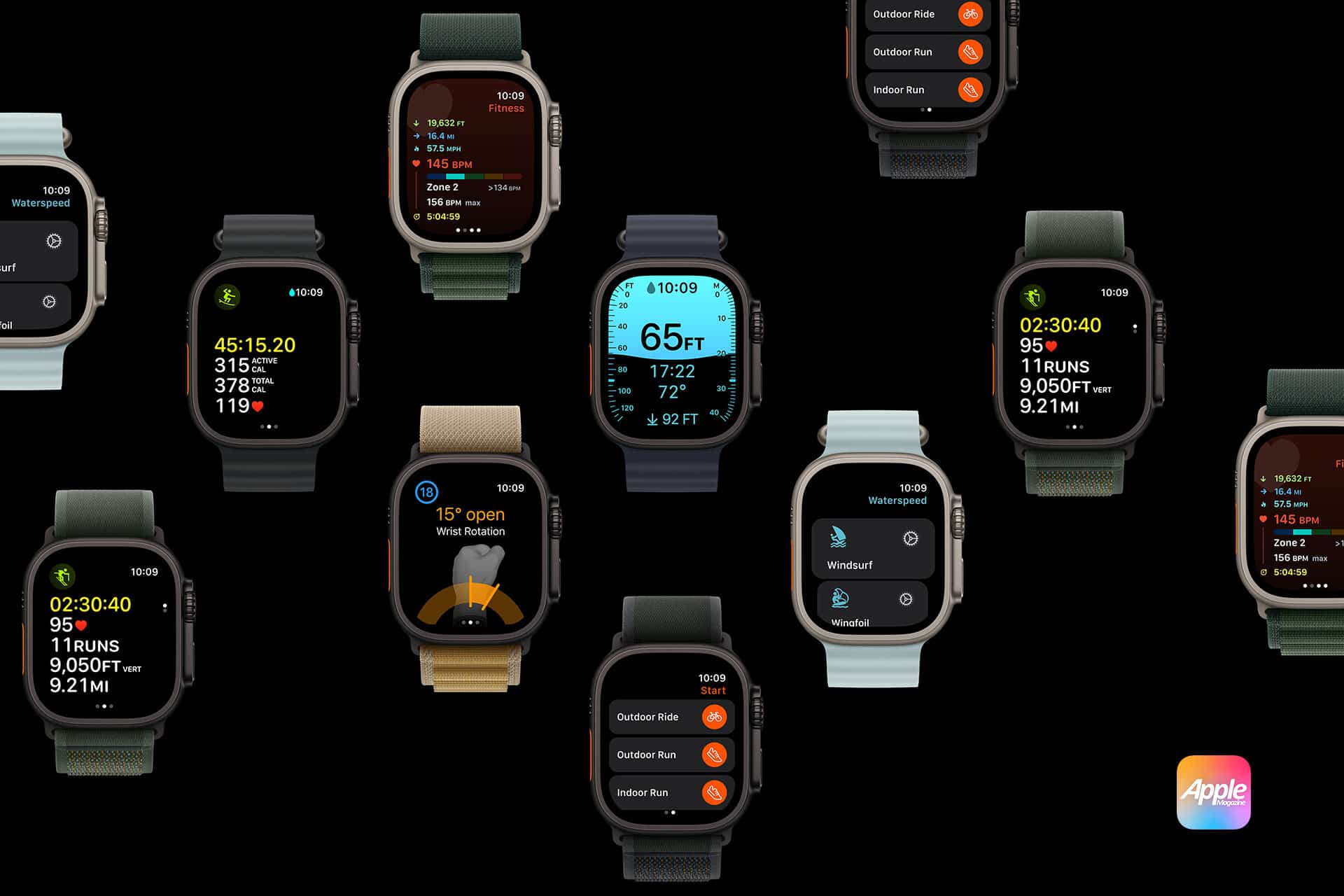 A variety of Apple Watches are displayed against a black background. Each watch has a different colored band and shows different fitness tracking screens and metrics, such as running distances, times, and weather conditions. The Apple logo is visible in the lower right corner.