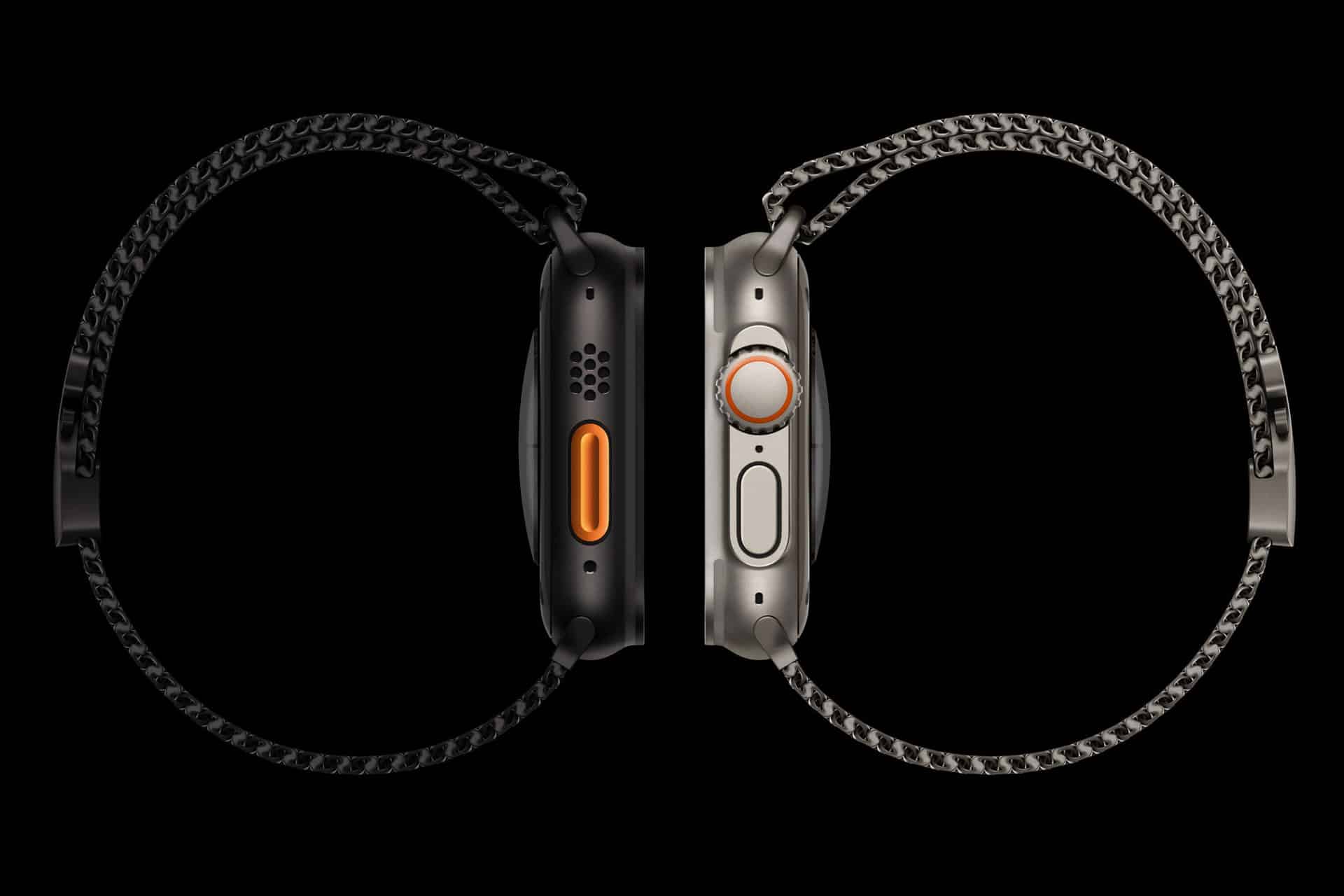 Two smartwatches are shown side-by-side against a black background, showcasing their profiles. One watch has a dark casing with an orange button, while the other has a light casing with an orange accent on a crown-like dial. Both watches have woven wristbands.