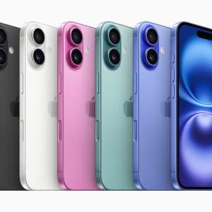 A lineup of five iPhone 15 models in different colors: black, white, pink, green, and blue. The iPhones are displayed from the back, featuring dual cameras, with the blue model showing the front screen. The design is sleek with curved edges and minimal bezels akin to what we anticipate for the iPhone 16.