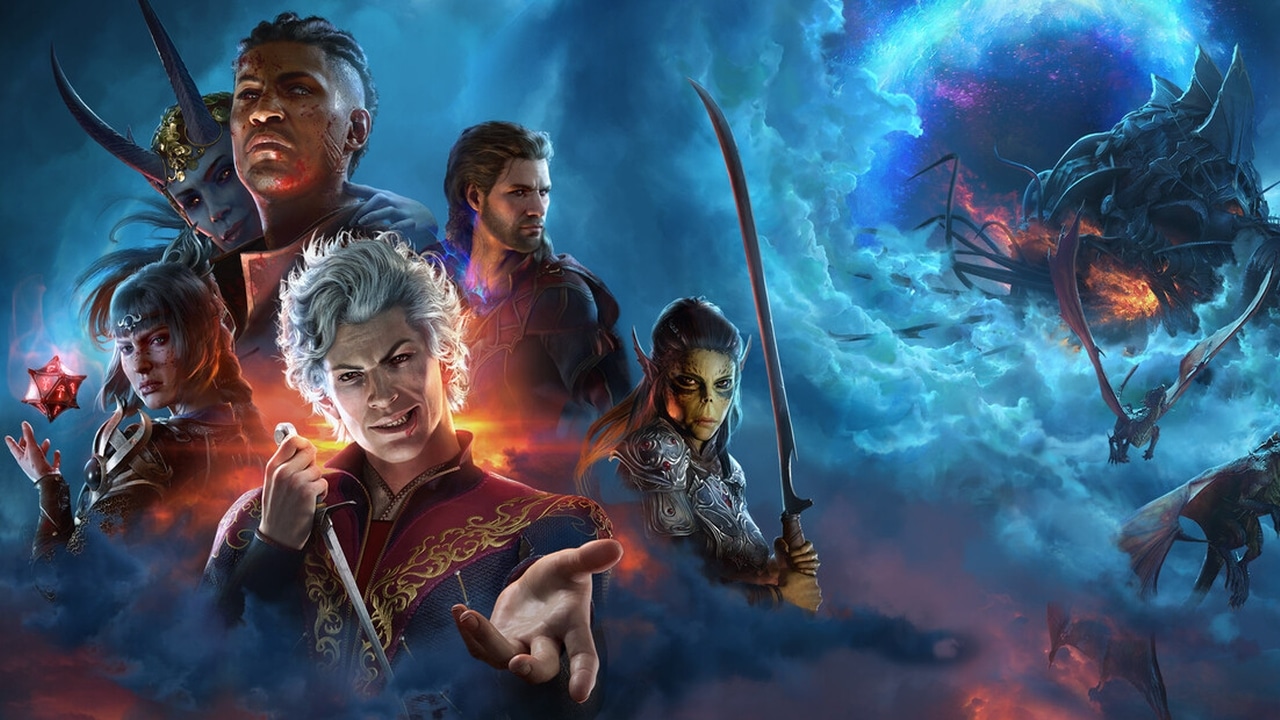 Epic fantasy illustration featuring six diverse characters in dramatic poses, with glowing ethereal effects and a menacing large creature in the background. They wield weapons and magical items, set against a backdrop of swirling clouds and a mystical sky—perfect for Mac Gamers seeking adventure.