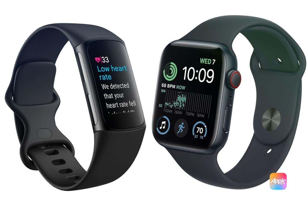 Fitbit vs. Apple Watch: The left watch, with a black band, displays a heart rate alert screen. The right watch, also with a black band, shows time, date, heart rate, activity rings, and other app icons on its screen, featuring an Apple logo in the lower right corner.