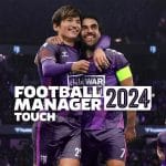 The cover of the "Football Manager 2024 Touch" game features two football players in purple jerseys celebrating on a field, smiling and embracing each other. Additional players are visible in the background with a stadium filled with fans, showcasing one of the most-played games by Mac gamers.