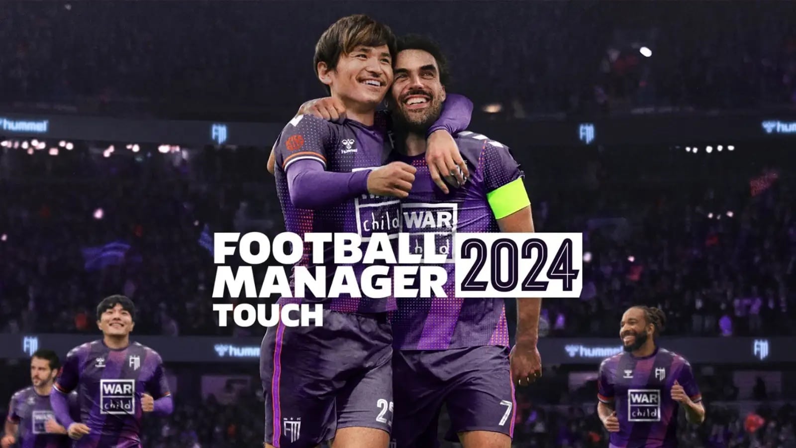 The cover of the "Football Manager 2024 Touch" game features two football players in purple jerseys celebrating on a field, smiling and embracing each other. Additional players are visible in the background with a stadium filled with fans, showcasing one of the most-played games by Mac gamers.