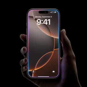 A hand holds a modern iPhone 16 Pro with a sleek, thin design against a black background. The screen displays the time as 9:41 and the date as Monday, September 9. The wallpaper features a minimalistic design with curved lines and gradients in warm tones, highlighting its major features.