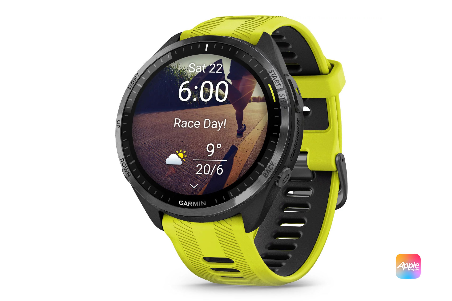 A Garmin smartwatch with a black and neon green band displays the time (6:00), date (Saturday 22), weather (9°C with a low of 6°C), and a "Race Day!" notification. An Apple logo sits in the bottom right corner of the image, subtly hinting at a Garmin vs Apple Watch comparison.