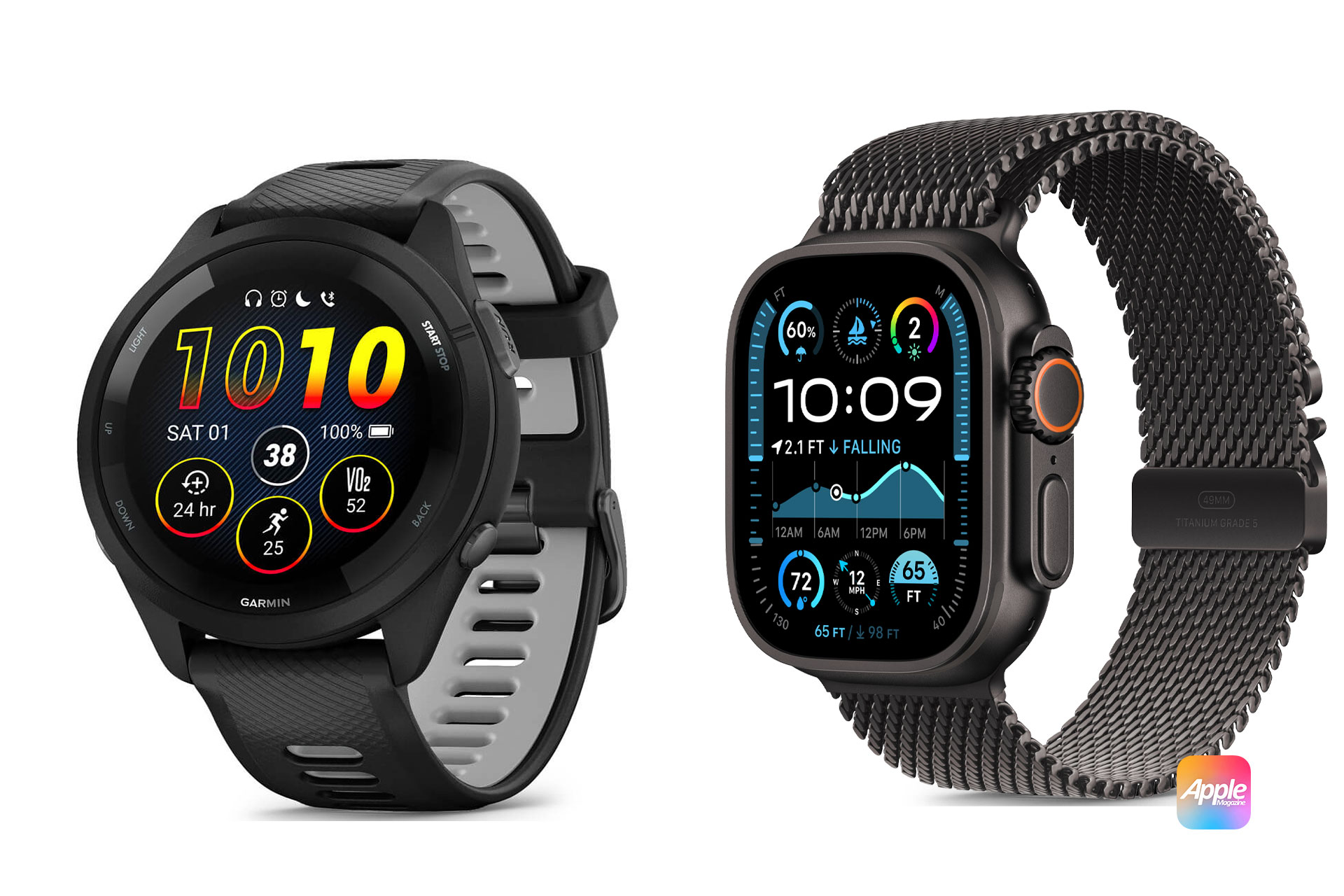 Garmin vs Apple Watch: Two smartwatches displayed side by side highlight the Garmin vs Apple Watch comparison. The left one is a Garmin watch with a round face showing various health and fitness metrics. The right one is an Apple Watch with a square face displaying detailed health stats and weather information. Both have black bands.