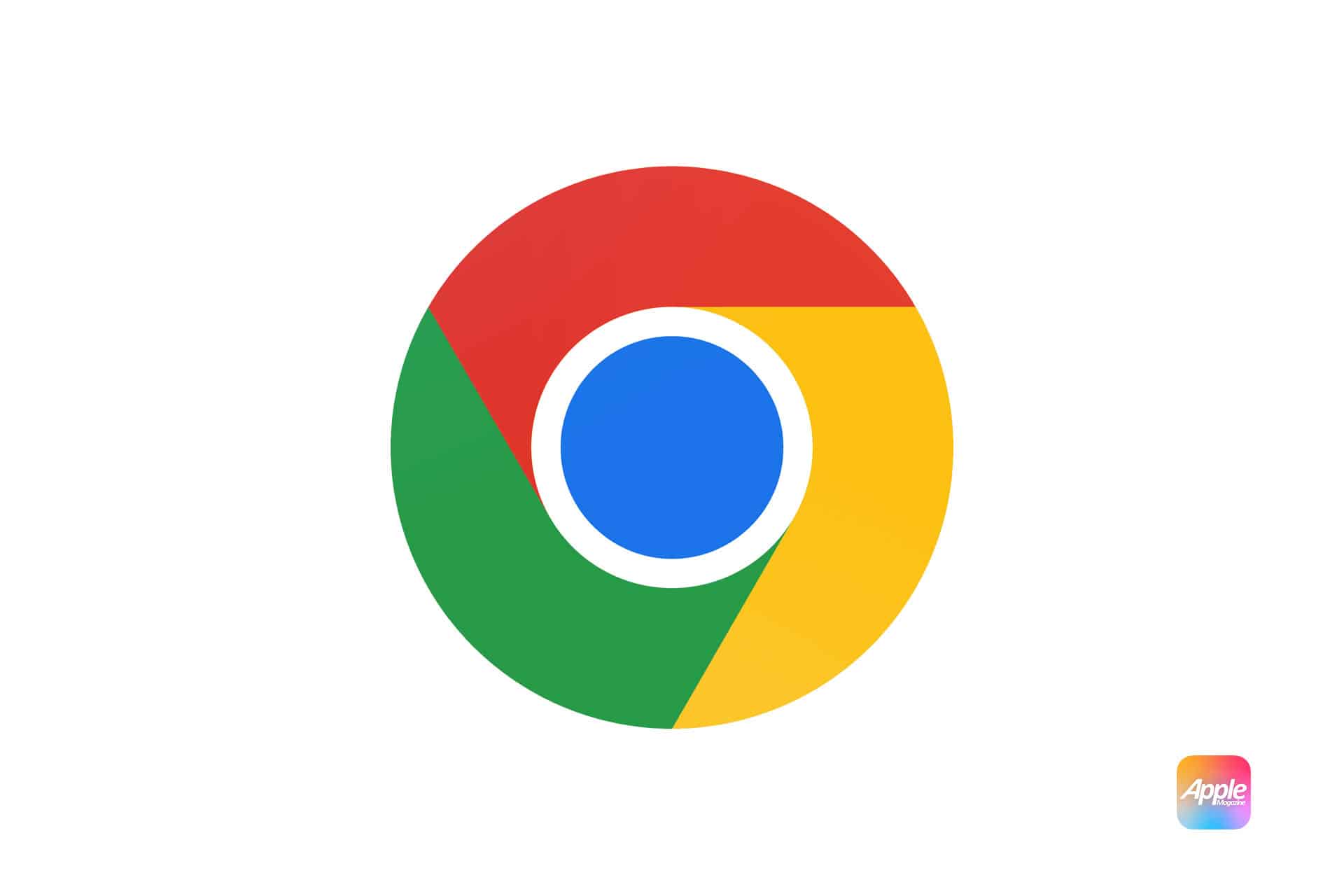 Chrome Update for iPhone Users: The image features the Google Chrome logo, a blue circle at the center surrounded by three segments in red, yellow, and green colors. In the bottom right corner, there is a small AppleMagazine logo with a rainbow gradient, hinting at a Chrome update for iPhone users.