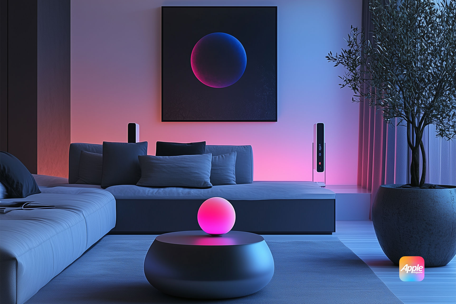 Apple Home Shares Adaptive Lighting With Matter | A modern living room with ambient lighting featuring pink and blue hues. A spherical light sits on a round coffee table, with a minimalist gray sofa and abstract wall art in the background. A potted plant is visible on the right, and an AppleMagazine logo is in the bottom right corner.