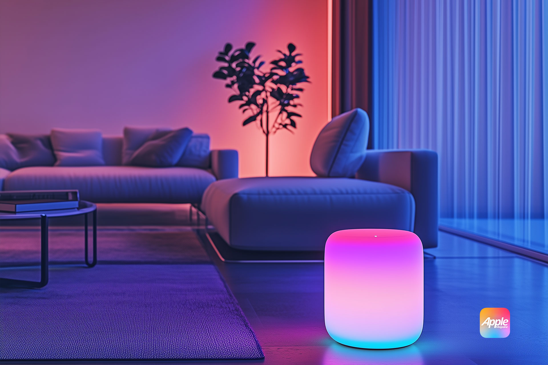 A modern living room with a minimalist design. A glowing smart speaker illuminates the foreground in gradient hues of pink and blue. The background features a stylish sofa, a coffee table, and a potted plant, all bathed in ambient lighting. AppleMagazine logo in the corner.