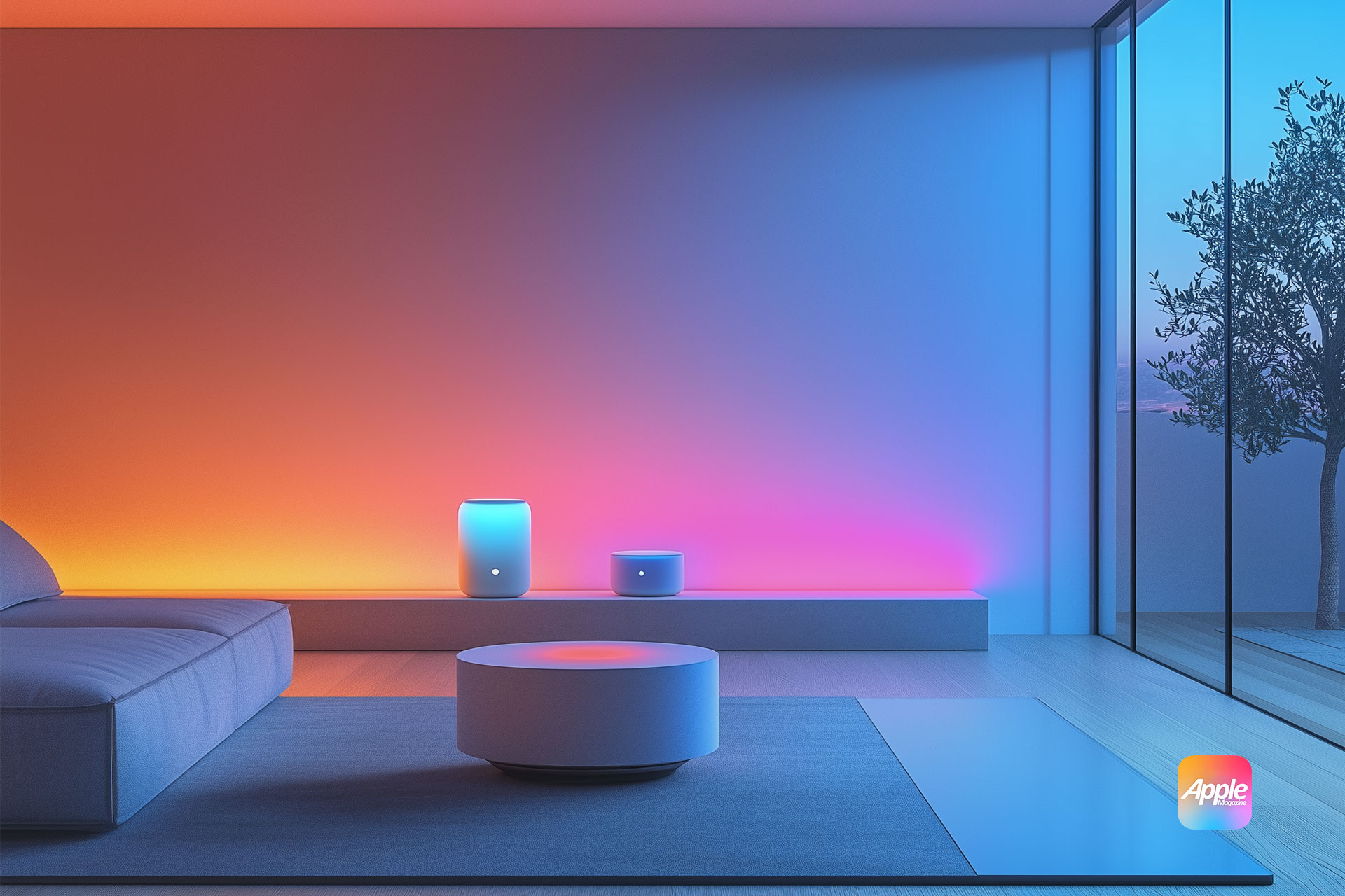 A modern living room with a sleek couch, a round coffee table, and two cylindrical light fixtures emanating blue and pink light. The room has large floor-to-ceiling windows showing a tree outside and features minimalist decor. The AppleMagazine logo is visible in the corner.