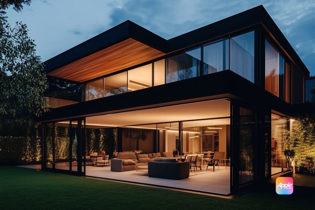 A modern two-story glass house with large glowing windows at dusk. The ground floor features a spacious living area with sofas and a dining table. The lawn and trees are illuminated by ambient lighting, creating a cozy atmosphere. An AppleMagazine logo is visible in the corner.