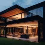 A modern two-story glass house with large glowing windows at dusk. The ground floor features a spacious living area with sofas and a dining table. The lawn and trees are illuminated by ambient lighting, creating a cozy atmosphere. An AppleMagazine logo is visible in the corner.