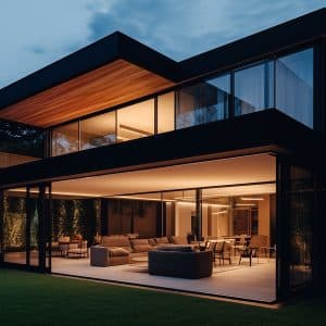 A modern two-story glass house with large glowing windows at dusk. The ground floor features a spacious living area with sofas and a dining table. The lawn and trees are illuminated by ambient lighting, creating a cozy atmosphere. An AppleMagazine logo is visible in the corner.