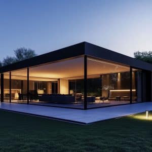 A modern, glass-walled house is illuminated warmly from the inside during the early evening. The sleek, rectangular building is surrounded by a neatly kept lawn and pathways, with trees and bushes in the background. The AppleMagazine logo is displayed in the lower right corner.