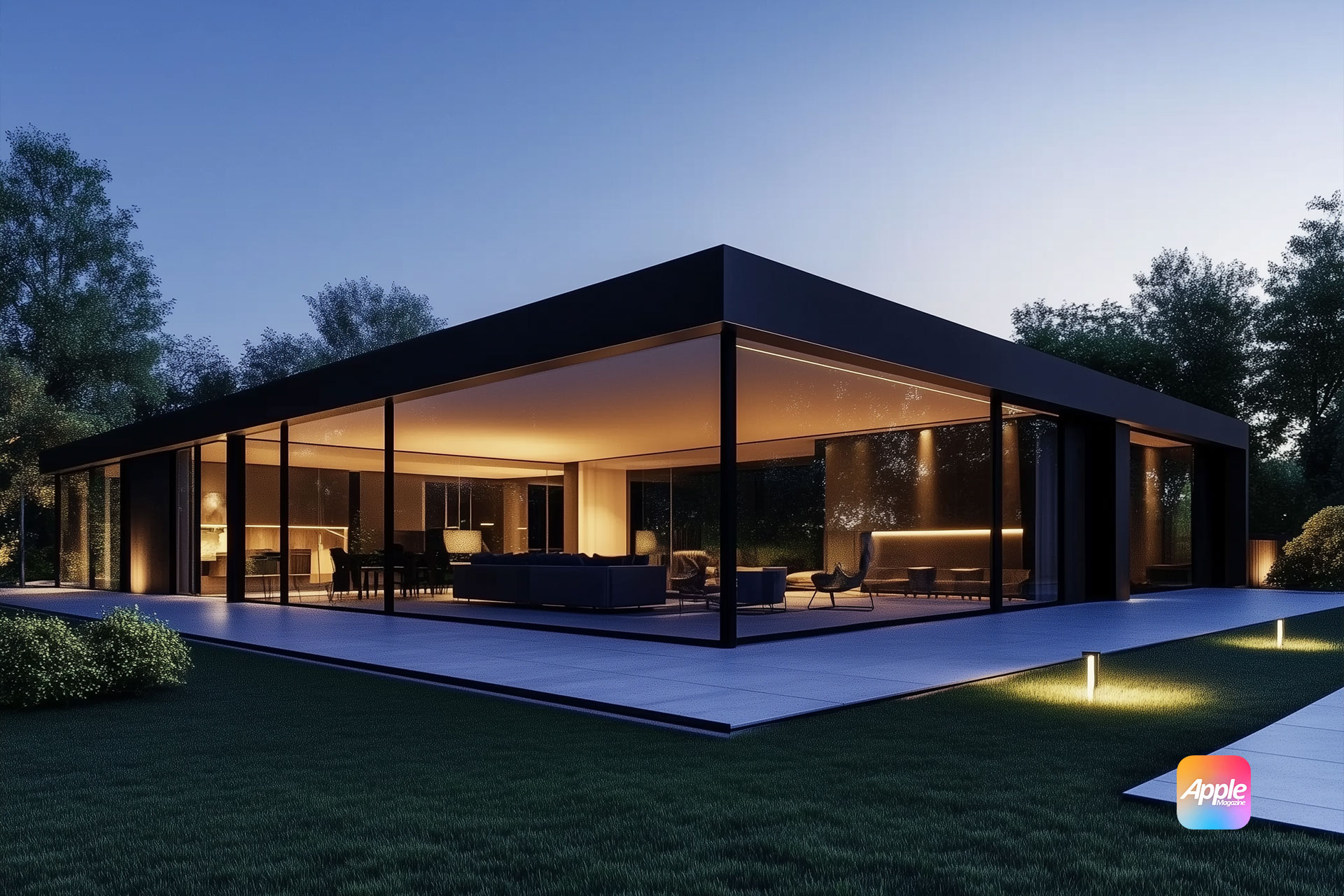 A modern, glass-walled house is illuminated warmly from the inside during the early evening. The sleek, rectangular building is surrounded by a neatly kept lawn and pathways, with trees and bushes in the background. The AppleMagazine logo is displayed in the lower right corner.