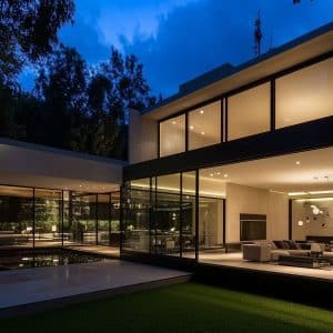 Modern two-story house with large glass windows and outdoor lighting, surrounded by trees and greenery. The interiors are well-lit, showing a spacious living area with contemporary furniture. The house features a sleek, minimalist design. A logo that reads AppleMagazine is visible in the bottom right corner.