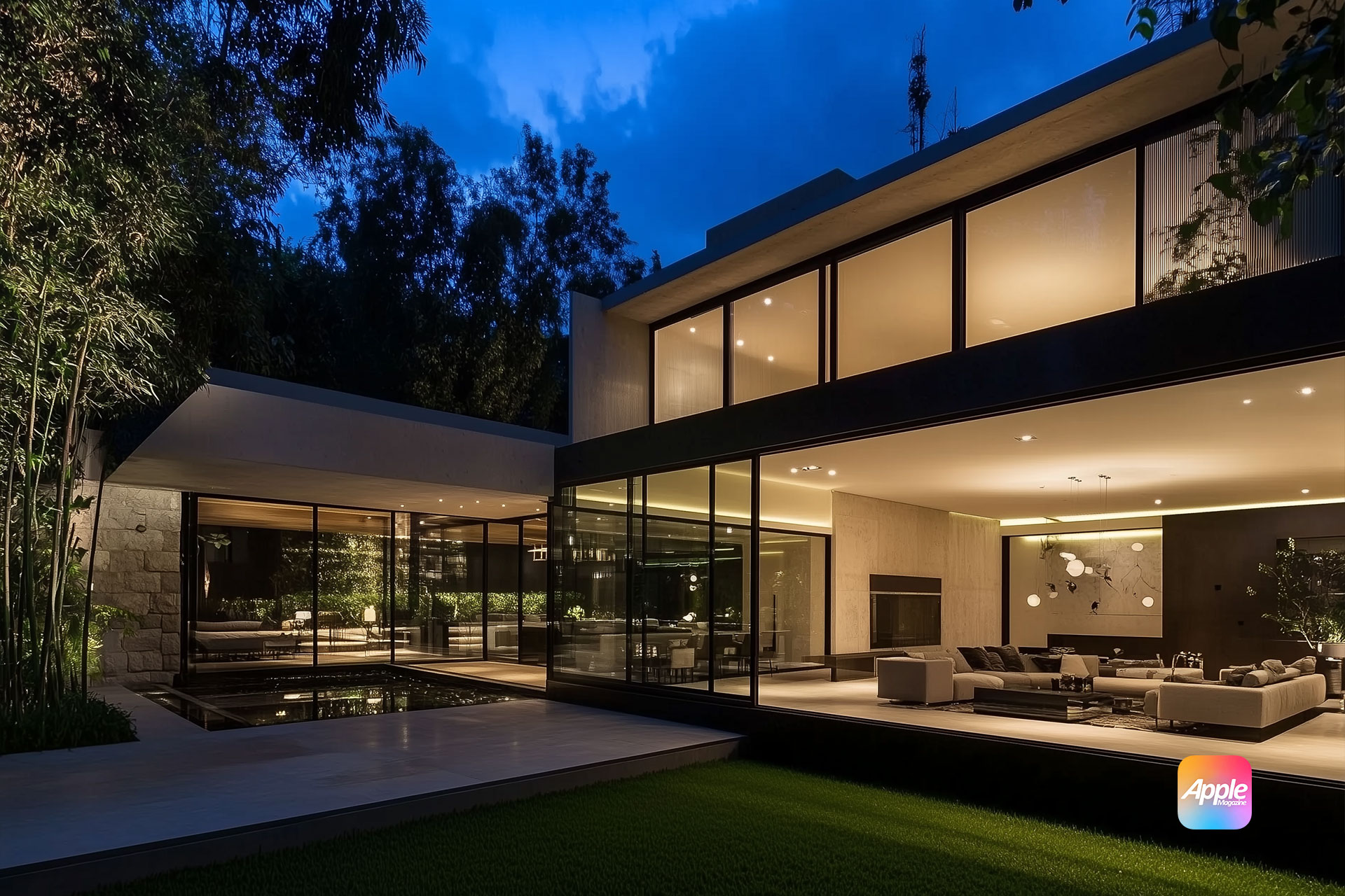 Modern two-story house with large glass windows and outdoor lighting, surrounded by trees and greenery. The interiors are well-lit, showing a spacious living area with contemporary furniture. The house features a sleek, minimalist design. A logo that reads AppleMagazine is visible in the bottom right corner.