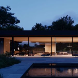 A modern, glass-walled house illuminated warmly in the evening, surrounded by trees with a swimming pool in the foreground. The AppleMagazine logo is displayed in the bottom right corner.