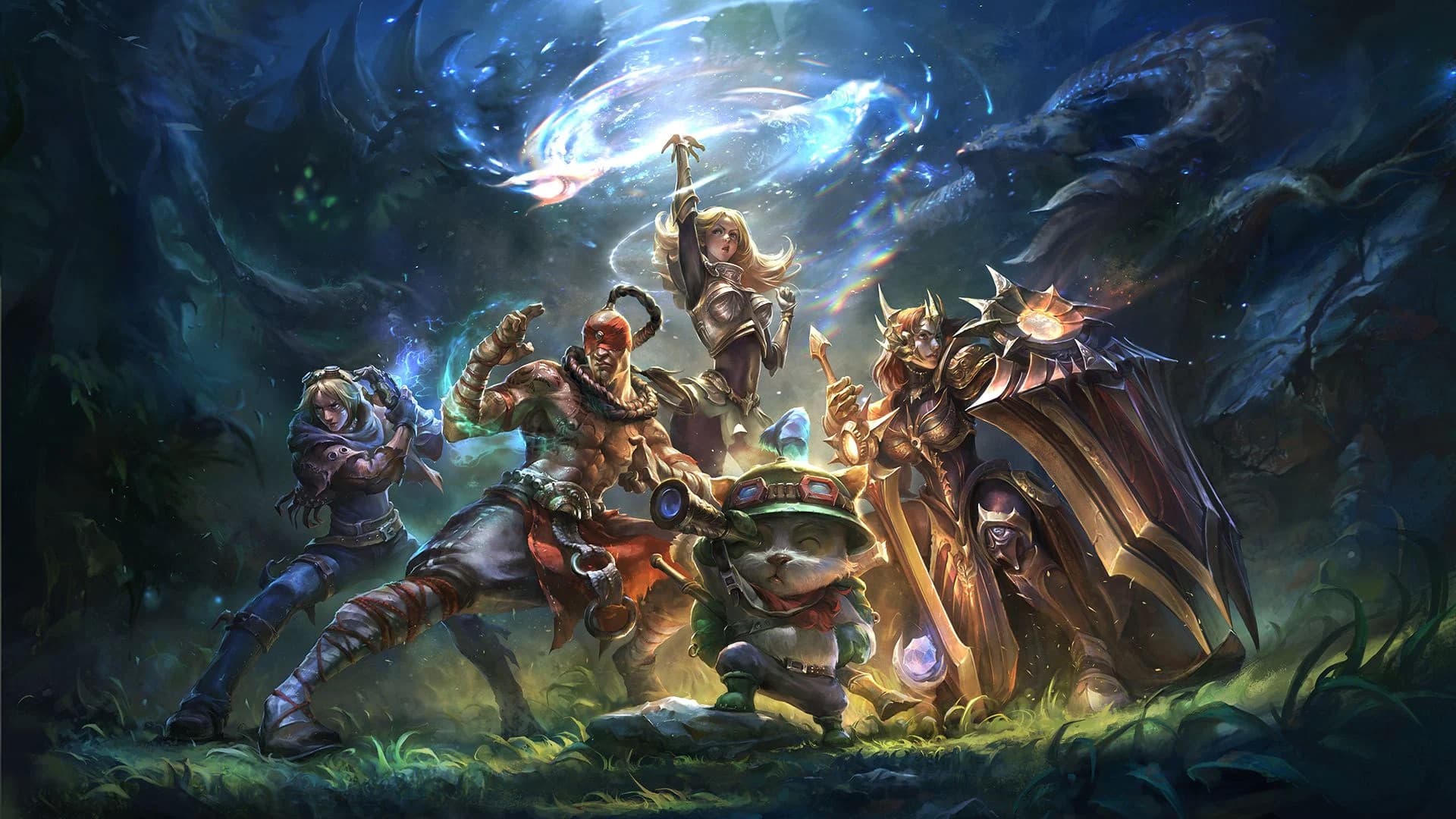 A dynamic fantasy scene depicts five distinct characters equipped for battle. From left to right: a hooded figure with a dagger, a muscular monk, a female mage casting a spell, a small creature with goggles, and a heavily armored warrior holding a shield. Imagine them as your team after using top-tier boosting services from OnlyBoosters.gg!