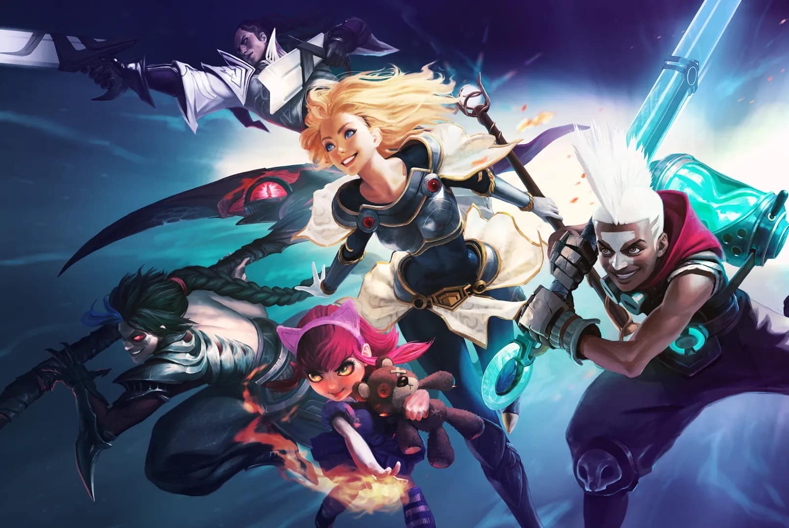 Five animated characters in dynamic action poses. A blonde female warrior leads in golden and black armor, flanked by a scythe-wielding figure, a pink-haired girl casting magic, a white-haired man with a large blade, and a character holding a glowing blue weapon. This scene could be straight out of an OnlyBoosters.gg complete guide for LoL Boosting Services.