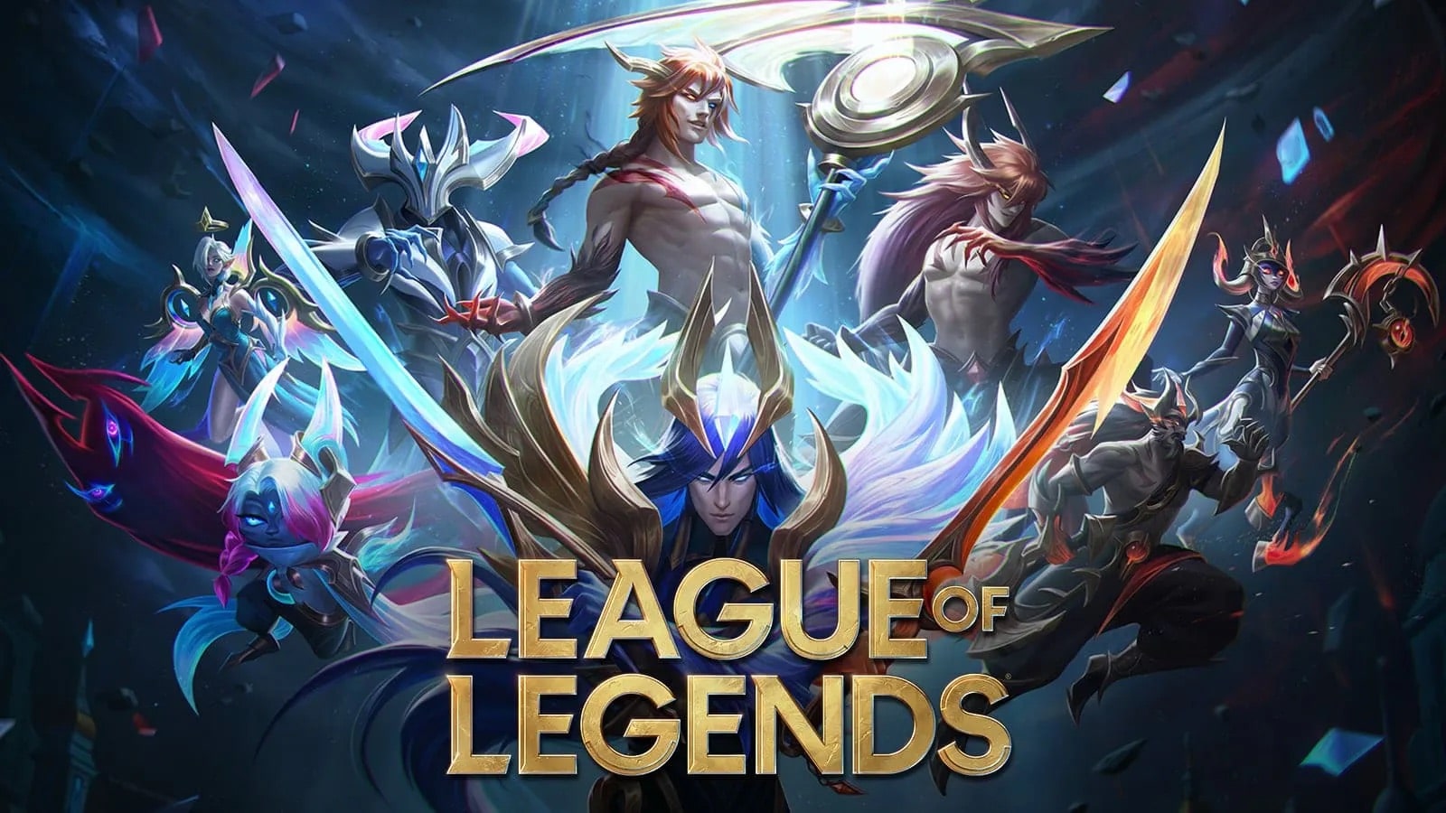 The image depicts characters from the video game "League of Legends," featuring various champions in dynamic poses, wielding weapons and displaying abilities. The "League of Legends" logo is prominently displayed at the bottom center, with a dark background accented by colorful shards. For top-tier LoL Boosting services, visit OnlyBoosters.gg.