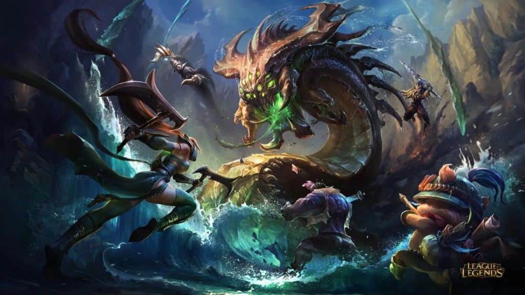 League of Legends: A dynamic fantasy scene shows five characters in battle against a massive, dragon-like creature with glowing green eyes and multiple wings. The backdrop of a stormy sky and swirling waters evokes an epic struggle. The "League of Legends" logo is visible in the bottom right corner, beside the OnlyBoosters.gg emblem.