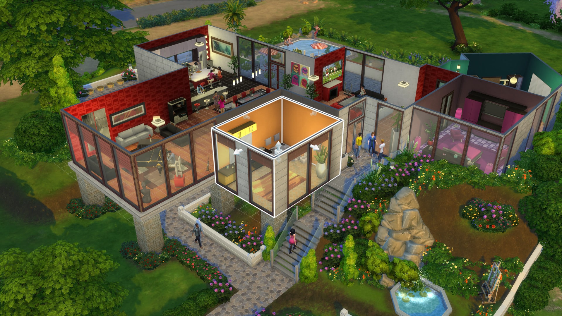 A 3D, top-down view of a modern, elevated house with glass walls and multiple rooms. Mac Gamers can be seen inside and outside, enjoying the vibrant, landscaped garden. The interior includes a kitchen, living area, bedrooms, and bathrooms with stylish furnishings.