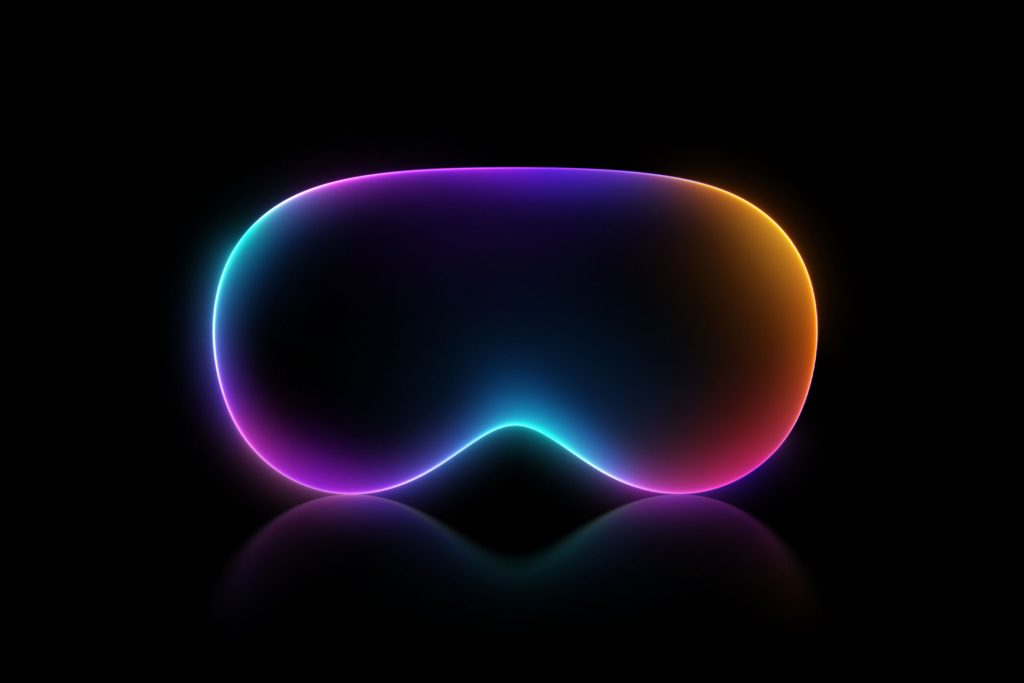 visionOS 2.1: A sleek, futuristic VR headset is displayed on a black background. The headset is outlined with a gradient of vibrant colors, including blue, purple, pink, and orange, creating a glowing effect that highlights its modern design.