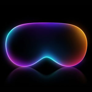 visionOS 2.1: A sleek, futuristic VR headset is displayed on a black background. The headset is outlined with a gradient of vibrant colors, including blue, purple, pink, and orange, creating a glowing effect that highlights its modern design.