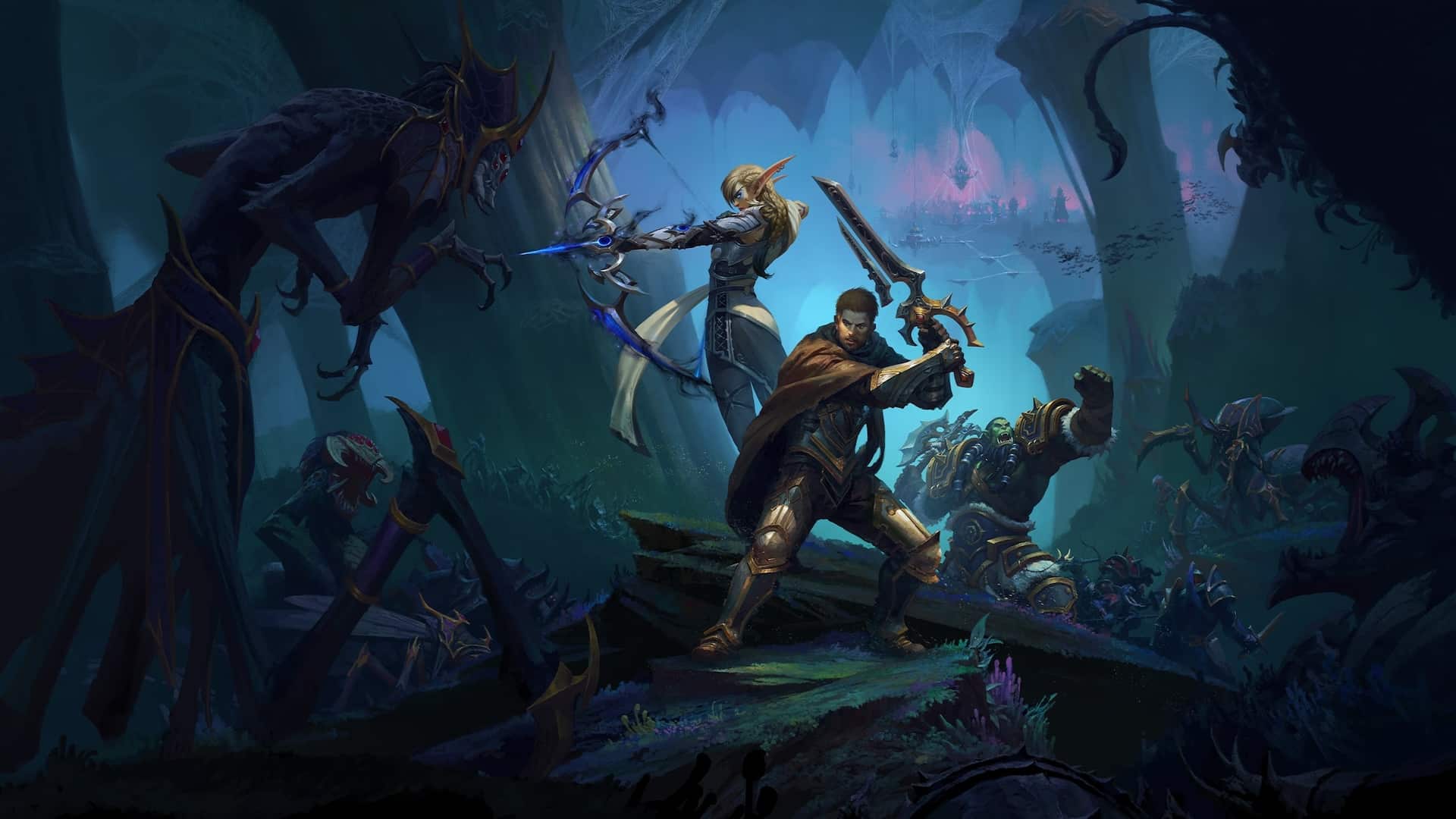 A fantasy battle scene reminiscent of World of Warcraft unfolds with a heavily armed knight in the center, holding a sword and shield. Flanked by a female archer and a robotic warrior, they face monstrous dark creatures in a mystical forest with eerie blue-green lighting, hinting at "The War Within" new expansion.